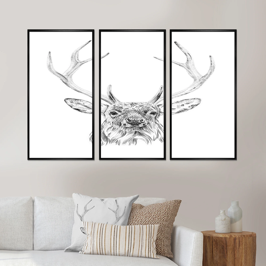 Designart 'Pencil Deer Sketch in Black and White' Animal Framed Canvas Wall Art Set of 3 - 4 Colors of Frames