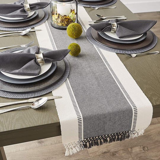 Gray Table Runner - Farmhouse Decor Modern Braided Handmade Boho Stripe