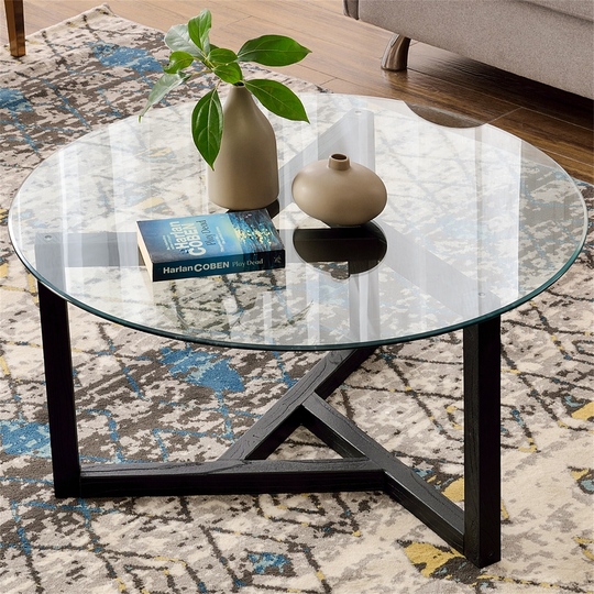 Tempered Glass Top Round Coffee Table with Sturdy Wood Base