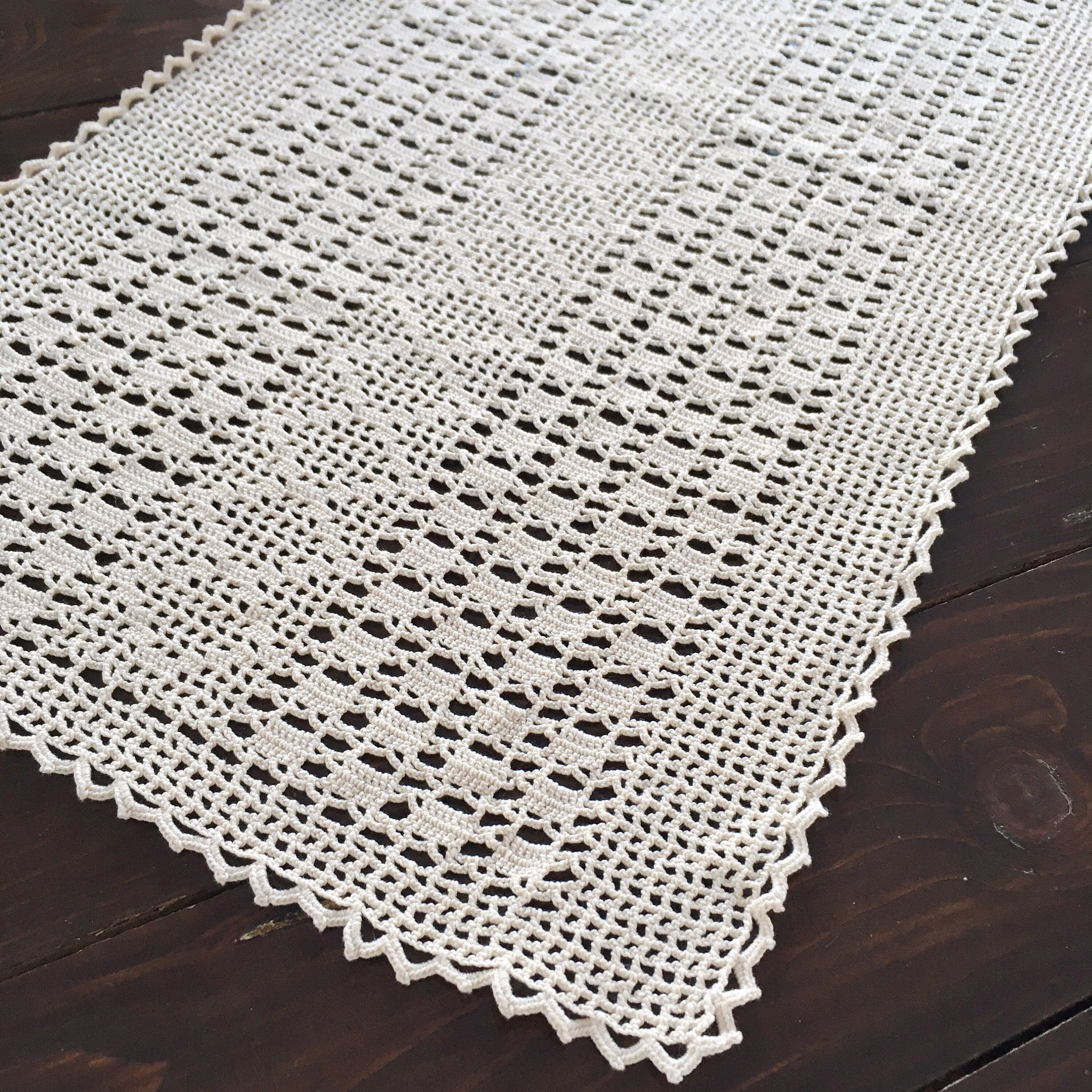 Lace Table Cloth, Handmade Crochet Tablecloth, Vintage Beige Rectangular Doily, Natural White Linens 25x11"