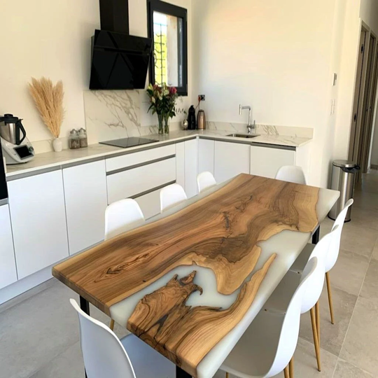 Kitchen Resin Walnut Table, Custom Epoxy White Resin Live Edge Dining Table, Walnut Epoxy Table