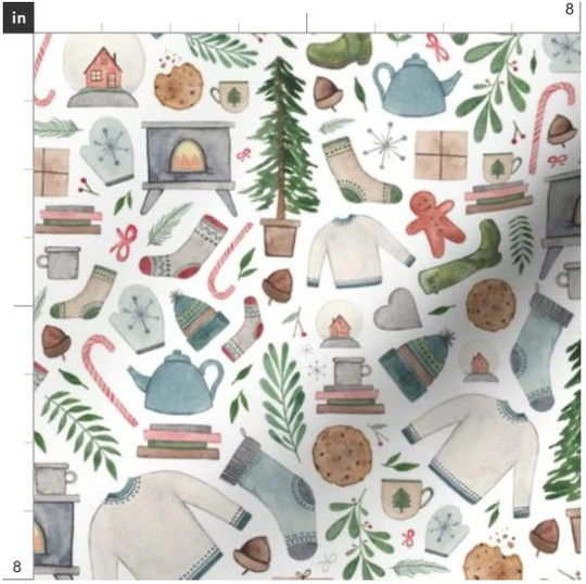 Cozy Christmas Fabric By The Yard | Watercolor Candy Canes Stockings Mittens Trees Sweaters Made To Order