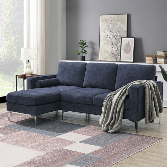 Blue-Grey Sectional Sofa 4-Seat Couch with Reversible Chaise, Pillows