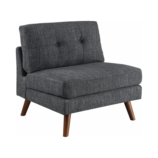 Tufted Cushion Back Armless Chair in Dark Grey and Walnut