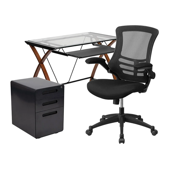 Offex 3 Piece Office Set - Glass Desk with Keyboard Tray, Ergonomic Mesh Office Chair & Filing Cabinet with Lock Inset Handles