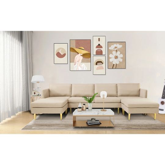 Modern Convertible 5-seater Sofa Set Living Room Furniture Sectional Sofa with Chaise Lounges with Footstool and Metal Legs