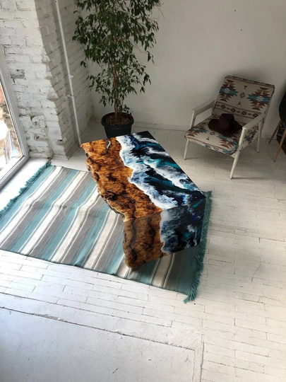 Sea Design River Table, Waterfal Epoxy Ocean Coffee Beach Tables, Maple Live Edge Table