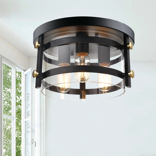 Teresa Metal and Clear Glass 13" W 3-light Black Flush Mount