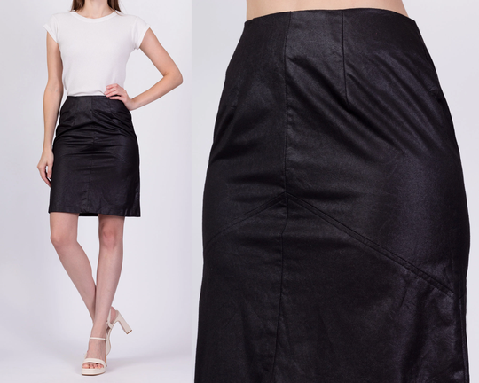 90S Black Mini Pencil Skirt - Extra Small, 24" | Vintage Mock Leather Minimalist Miniskirt
