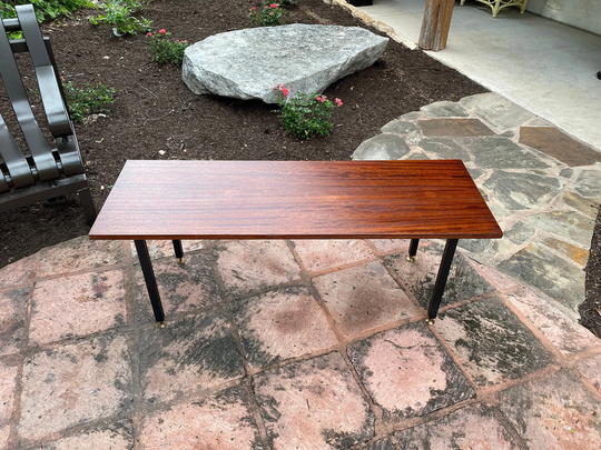 Italian Mid Century Modern Coffee Table, Sleek Rectangular Design With Mahogany Top & Black Metal Legs