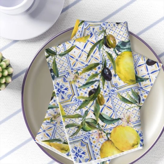 Portuguese Home Decor Azulejo Table Napkins Navy Blue White Dinner Napkins Yellow Lemon Spanish Kitchen Sicilian Table Decoration