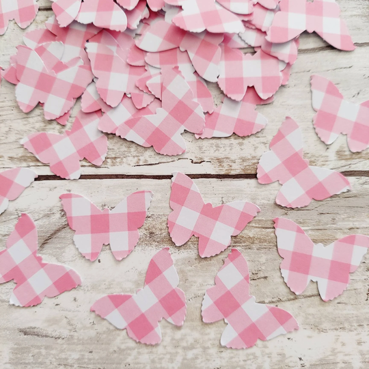 Pink Gingham Butterfly Confetti 50Ct, Shabby Chic Tea Party Garden Decor, Bridal Confetti, Fairy No232
