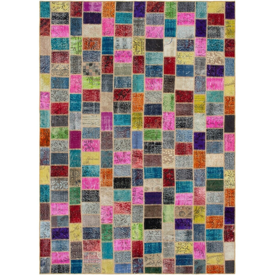 Hand-knotted Color Patchwork Multi Color Wool Rug - 7'3" x 10'4"