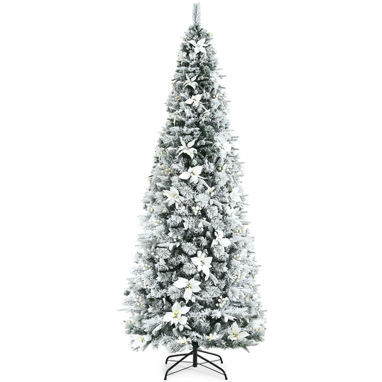 Costway 8ft Snow Flocked Christmas Pencil Tree w/ Berries & Poinsettia - See details