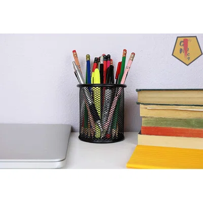 Pen Holder Mesh Pencil Holder Metal Pencil Holders Pen Organizer Round Padded Base Black For Desk Office - 3 Pack