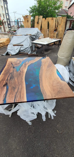 Walnut Dining Table, Custom 72" X 60" Blue, Turquoise, Green Epoxy Live Edge For Christopher G