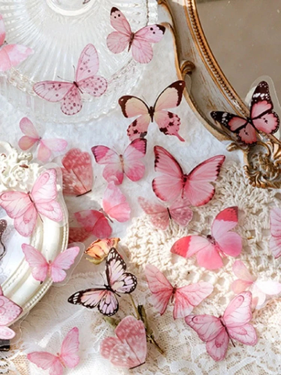 40 Clear Translucent Pink Butterfly Pattern Sticker - Vintage Great For Crafts, Scrapbooking, Journals, & More #0121