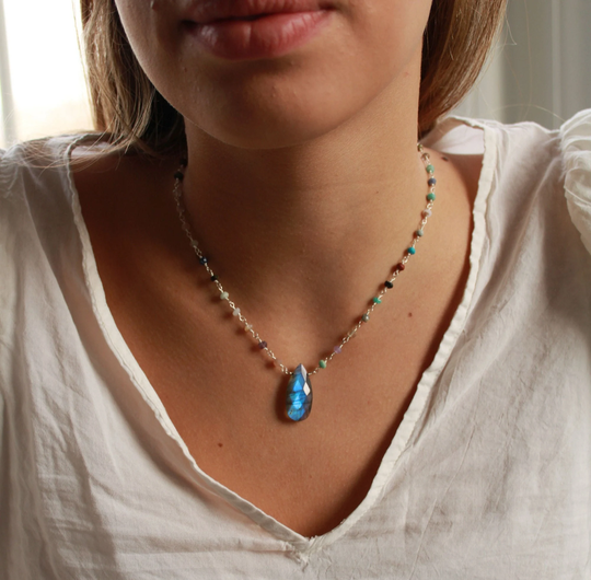 Colorful Multi Gem Necklace, Natural Gemstone Pendant Labradorite Beaded Boho Jewelry Gift For Her