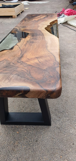 Live Edge Table, River Epoxy Resin Custom 62" X 17" Walnut Smokey Gray Dining Bench, Order For Debra