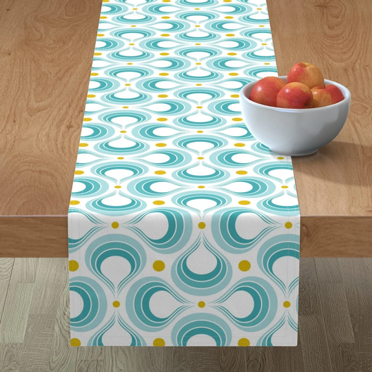 Turquoise Retro Table Runner - Planet Water By Patricia Lima White Vintage Blue Yellow Cotton Sateen Spoonflower