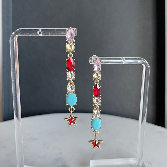 Colorful Gem Earrings, Crystal Drop Statement Multi Color Multicolor Rhinestone Earrings
