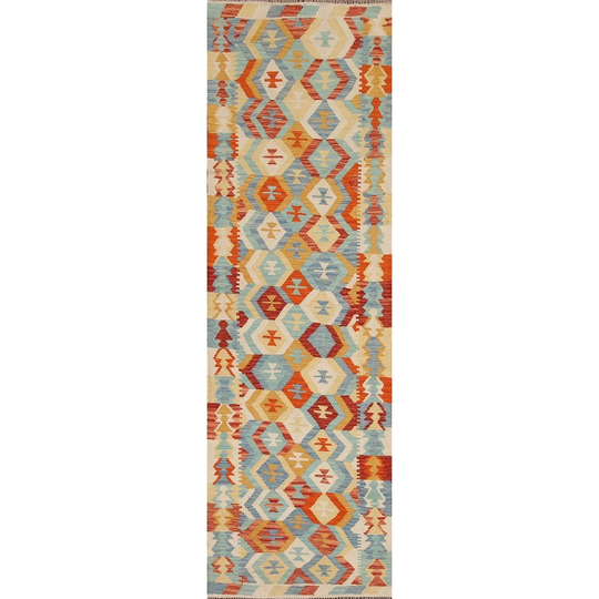 Colorful Kilim Oriental Runner Rug Hand-woven Geometric Wool Carpet - 2'8"x 9'9"
