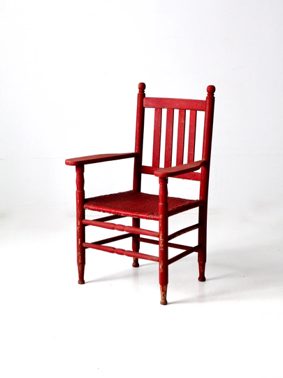 Antique Red Wicker Seat Arm Chair