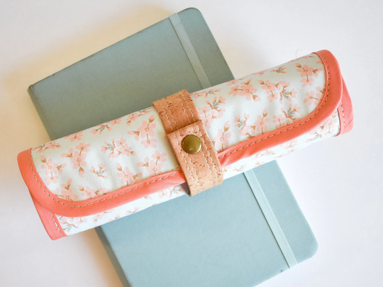 Mint Roll Up Pencil Case, Gift For Painters, Pink Floral Pen Pouch, Blue Roll Make Brush Organizer