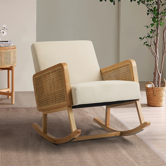 Wood Frame Rattan Arms Rocking Chair Living Room Accent Chair Padded Back