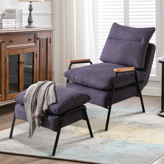 Overstuffed Accent Chair with Ottoman, Adjustable Backrest Lounge Chair Indoor Fabric Club Chair with Metal Legs in purple