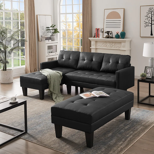 Nestfair Black L-Shape Faux Leather Sectional Sofa with Ottoman Bench