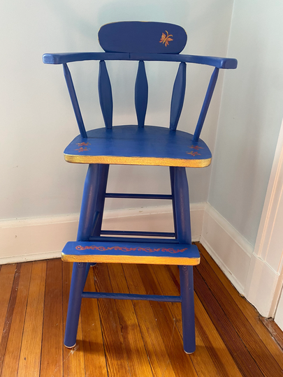 Vintage Hand Painted Wooden High Chair. Painted With Annie Sloan Napoleonic Blue Chalk Paint