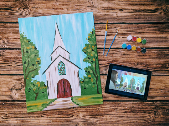 Rustic Church Canvas Painting Kit + Video Tutorial, Free Palettes & Aprons With Orders Of 10 Party Kit, Diy Paint