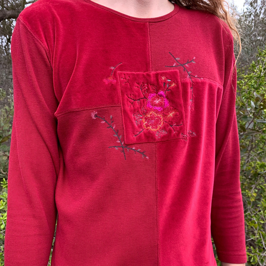 Floral Embroidered Patchwork Long Sleeve - Velvet Panel Cozy Shirt Vintage 90S Cute Maroon Flower Thermal Size Medium