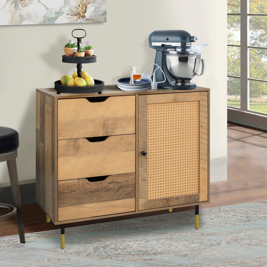Rattan Sideboard Buffet Cabinet,Kitchen Storage Wine Rack Cabinet with 3 Drawer