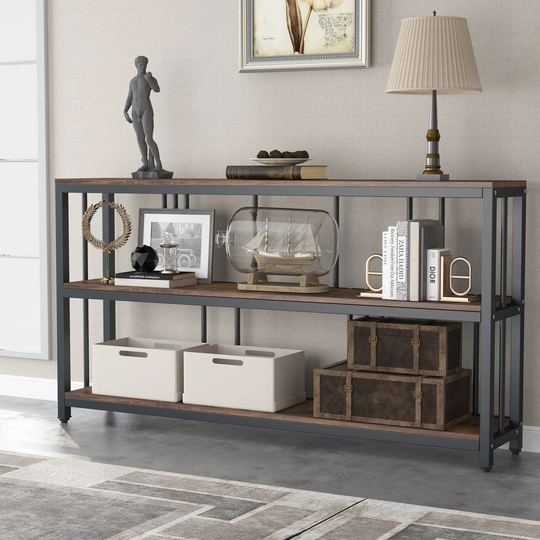 3 Tiers Sofa Table, Narrow Long Sofa Table with Storage Shelves - 11.81"D x 70.86"W x 35.43"H