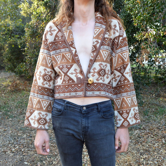 Cropped Tapestry Jacket Vintage 1990S Boho Hippie Brown & Beige Aztec Print Southwestern Medium Large