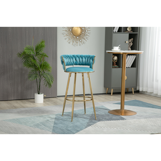 Vintage Bar Stools Velvet Padded Seat with Tufted Weave Chair Back & Round Footrest Counter Height Bar Chairs for Dining Room