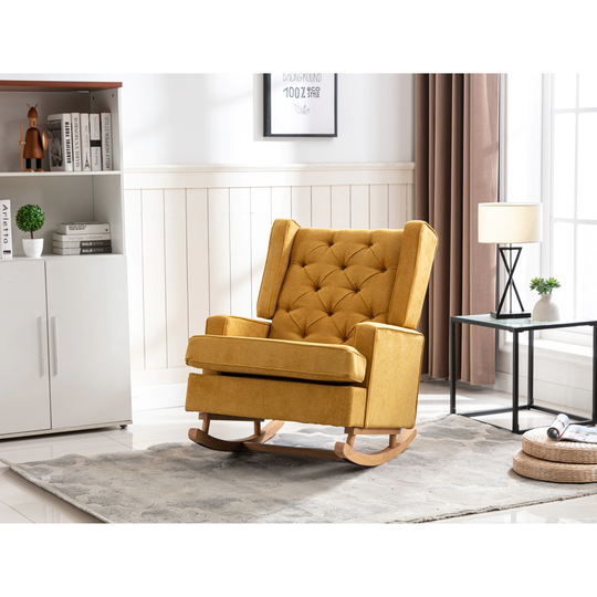 Nursery Rocking Chair Upholstered Mid Century Modern Rocker Oversized Wingback Armchair for Living Room with Two Leg, Mustard