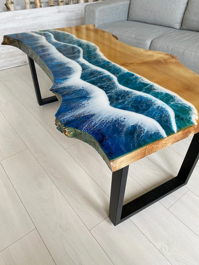 Custom Ocean Table, Live Edge Epoxy Dining Epoxy Table, Ocean Wood Furniture, Express Free Shipping