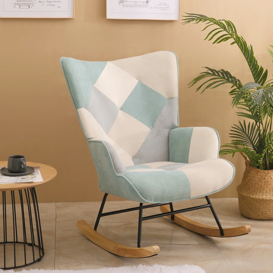 Rocking Chair Fabric Rocker Chair with Wood Legs Patchwork Linen - 22*29*36.5INCH
