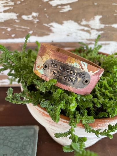 Leather Art Cuff-He Restores My Soul-Word Cuff-Embossed & Hand Painted Florals-Large