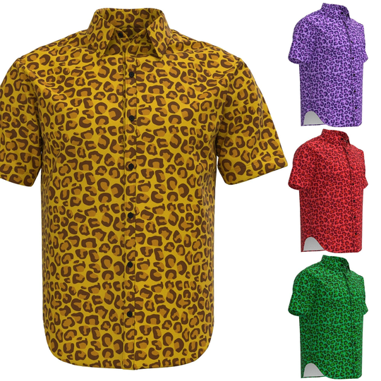 Leopard Skin Stripes Printed Pattern Animal Print Orange Yellow Purple Red Green Men's Short Sleeve Collar Button Shirt