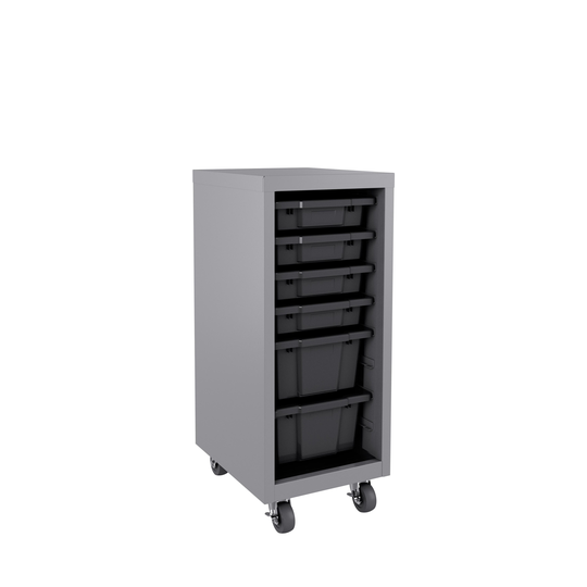 Space Solutions Mobile Bin Tower with 4 3" tote bins and 2 6" bins, 36x15x18, Platinum/Graphite