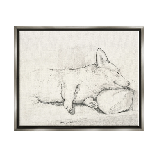 Stupell Industries Corgi Dog Lolling Tongue Graphite Pencil Sketch Floater Frame, Design by George Dyachenko