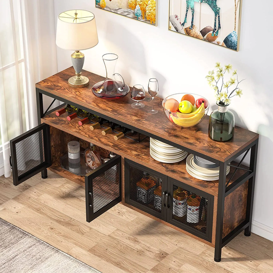 Sideboard Buffet Bar Cabinet with 4 Mesh Doors Open Shelf - 58.27"L* 13.78"W* 27.56"H