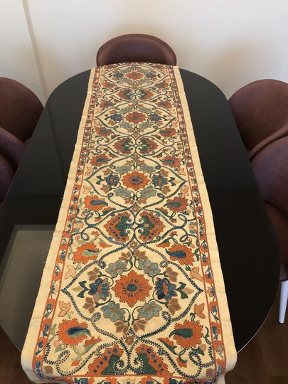 Embroidered Suzani Table Runner Bohemian Decor Blue Green 72"x18" | 185x45cm Eclectic Silk Lumbar Home Decoration