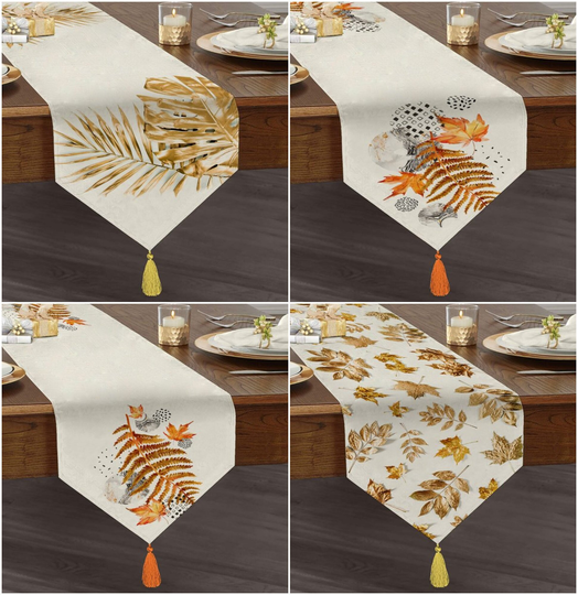 Fall Trend Table Runner|High Quality Triangle Dining Runner|Gold Leaves Tabletop|Farmhouse Tabletop|Leaves Draw Tasseled Tablescape