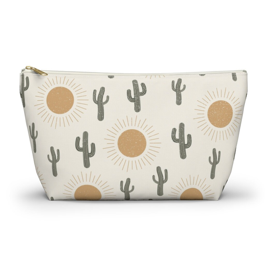 Cacti & Sunrise Accessory Pouch W T-Bottom, Cactus Makeup Bag, Travel Pencil Pouch, Boho Summer