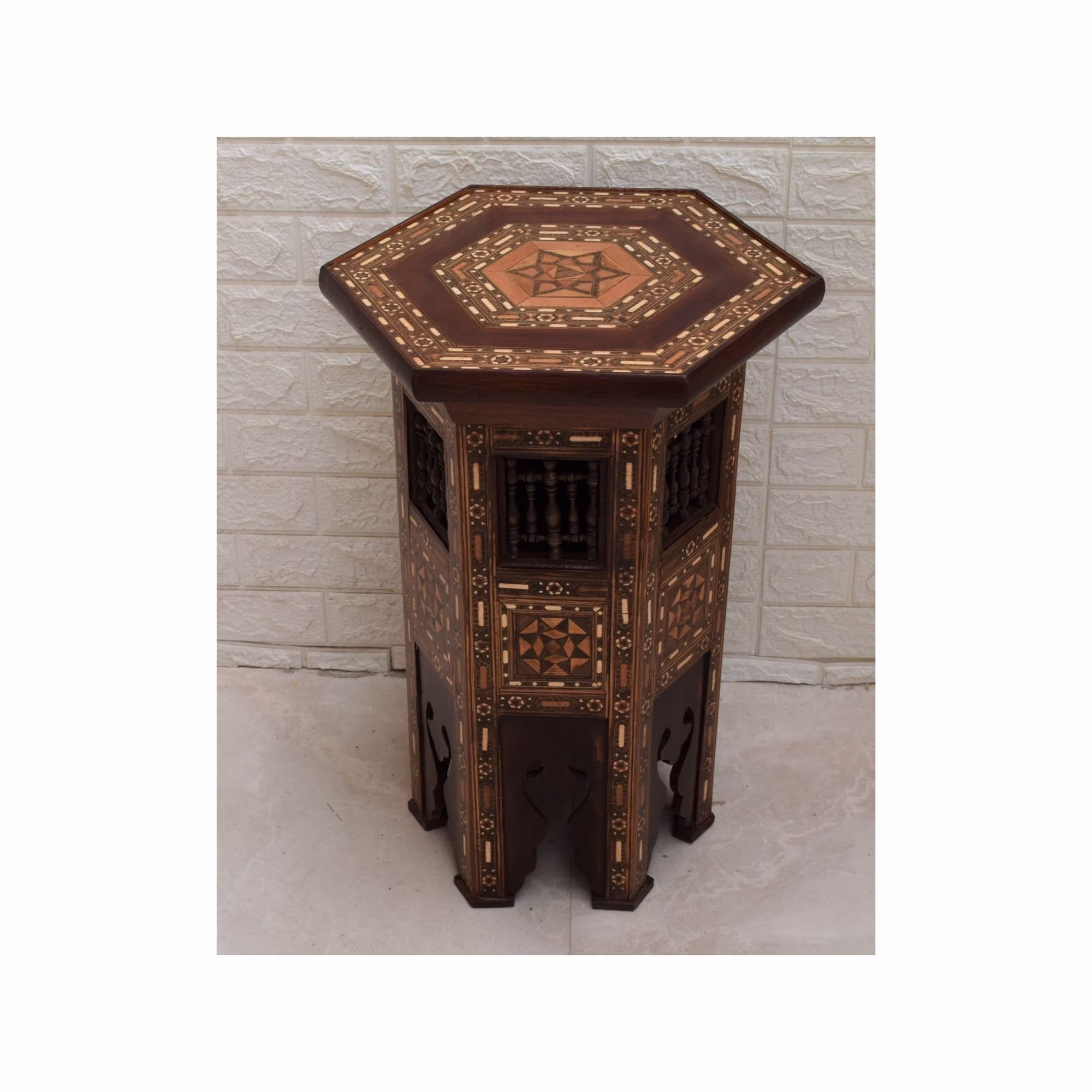 Handmade Syrian Mosaic Side Table, Moroccan Marquetry Mashrabiya Morocco Wooden Coffee Home Decor, Furniture